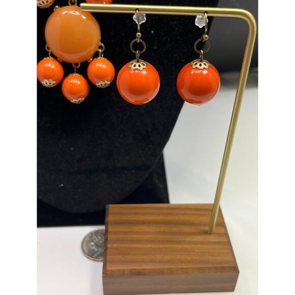 Handmade Upcycled Orange Cascade Statement Necklace and Earring Set - Picture 4 of 15